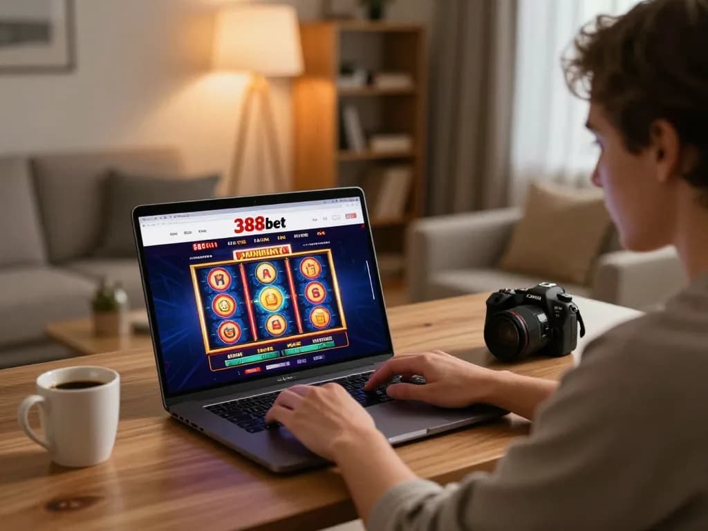 Engaged player enjoying online slot games on 388bet platform from cozy home setup.