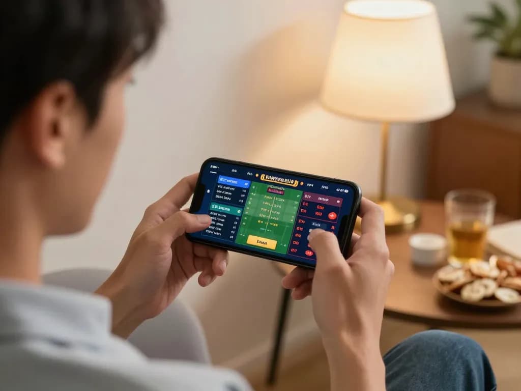 Player using f168 for live sports betting on smartphone in a cozy home setting