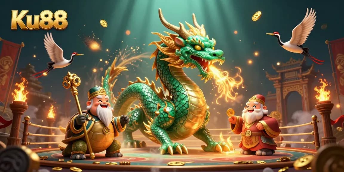 Experience thrilling action in Ku88 with a jade dragon and lucky cranes amidst shimmering casino elements.