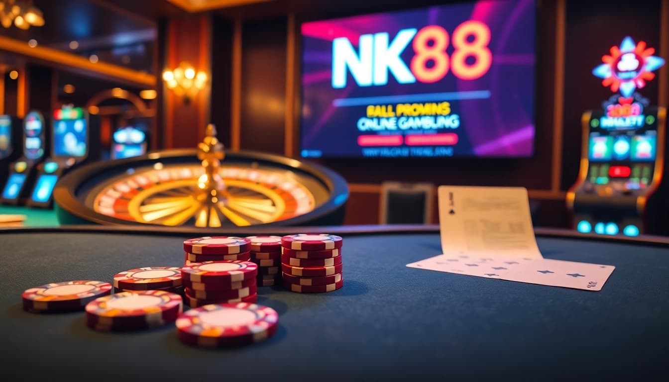 Engage with NK88 gaming thrills at a luxurious poker table filled with vibrant chips and cards.