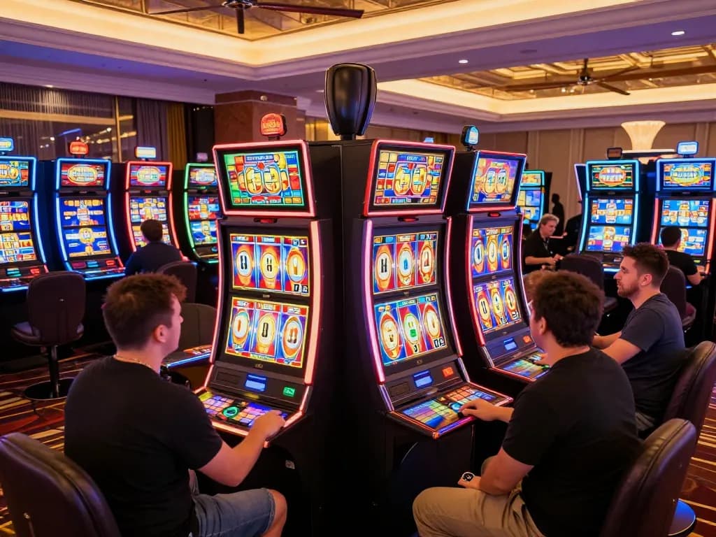 Players enjoying slot88 machines, engaging in dynamic spins and celebrating wins in a lively casino atmosphere