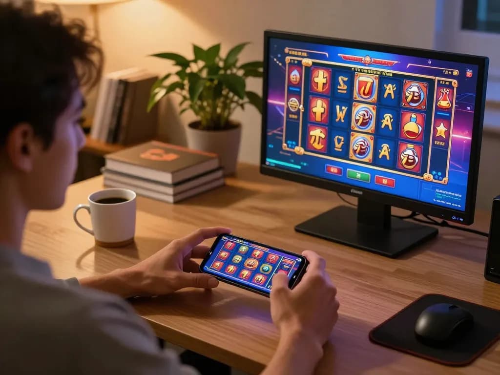Player enjoying mobile gaming on a smartphone featuring bl555 slot game interface in a cozy home setting