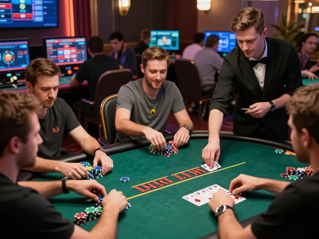Players enjoying a thrilling poker game at upintogel online casino, showcasing engaging gameplay and strategy.