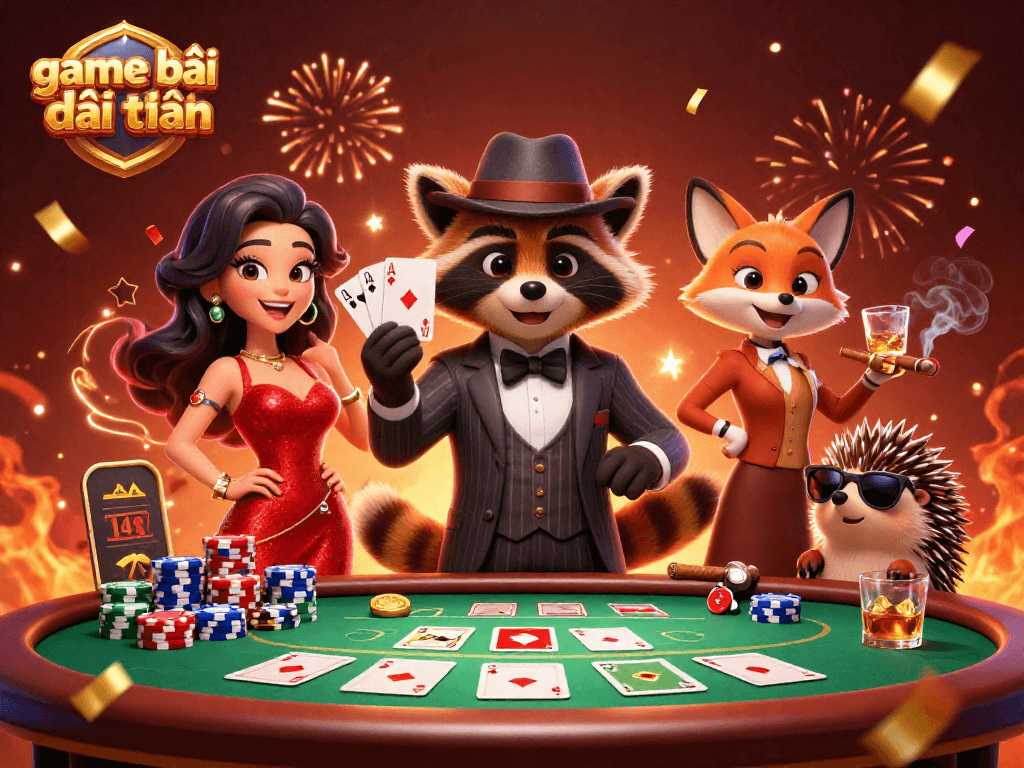 Experience game bài đổi thưởng excitement with a suave raccoon, elegant fox, and bouncer in vibrant casino scene.