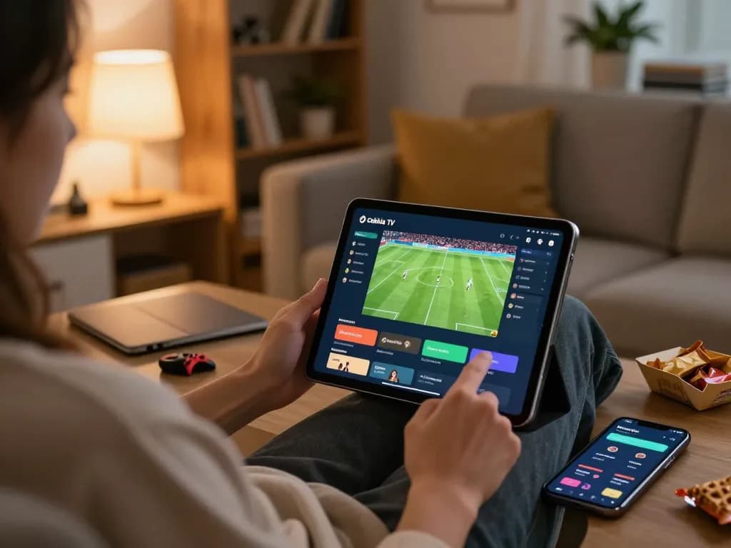 Cakhia TV user enjoying live football matches on tablet in cozy home setting.