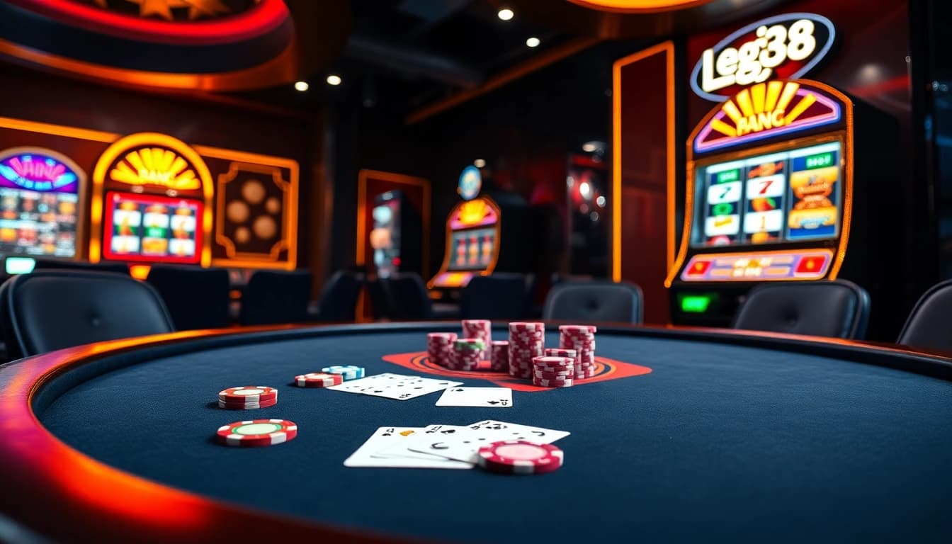 Players enjoy a thrilling game at the lego138 poker table, surrounded by vibrant casino glamour.