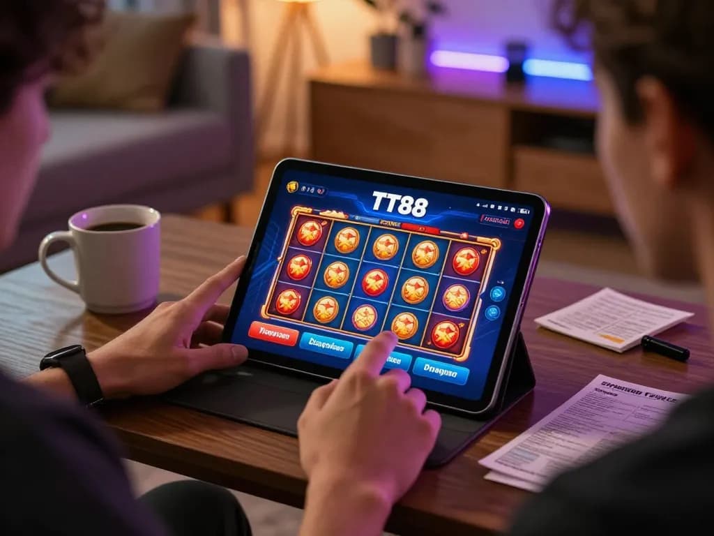 Engaged user enjoying the TT88 online casino app on tablet in cozy home setup.