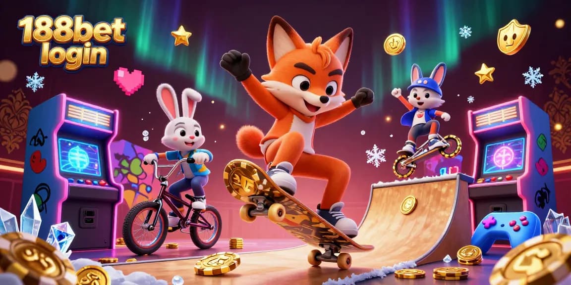 Masuk ke 188bet login dengan gambar kartun kasino penuh warna dan simbol-simbol judi.