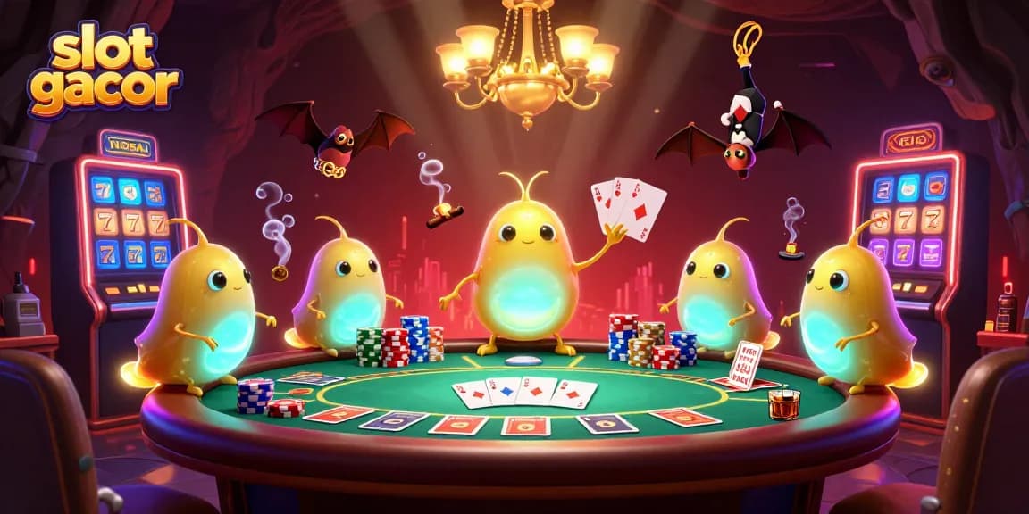 Experience the excitement of slot gacor in a colorful cave casino lit by glowing characters.