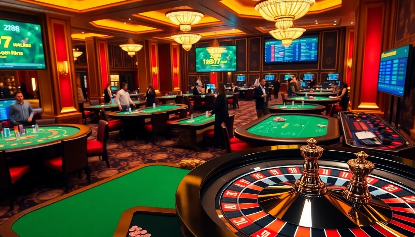 Players enjoying games at TR88 TRANG CHỦ online casino featuring vibrant tables and roulette.
