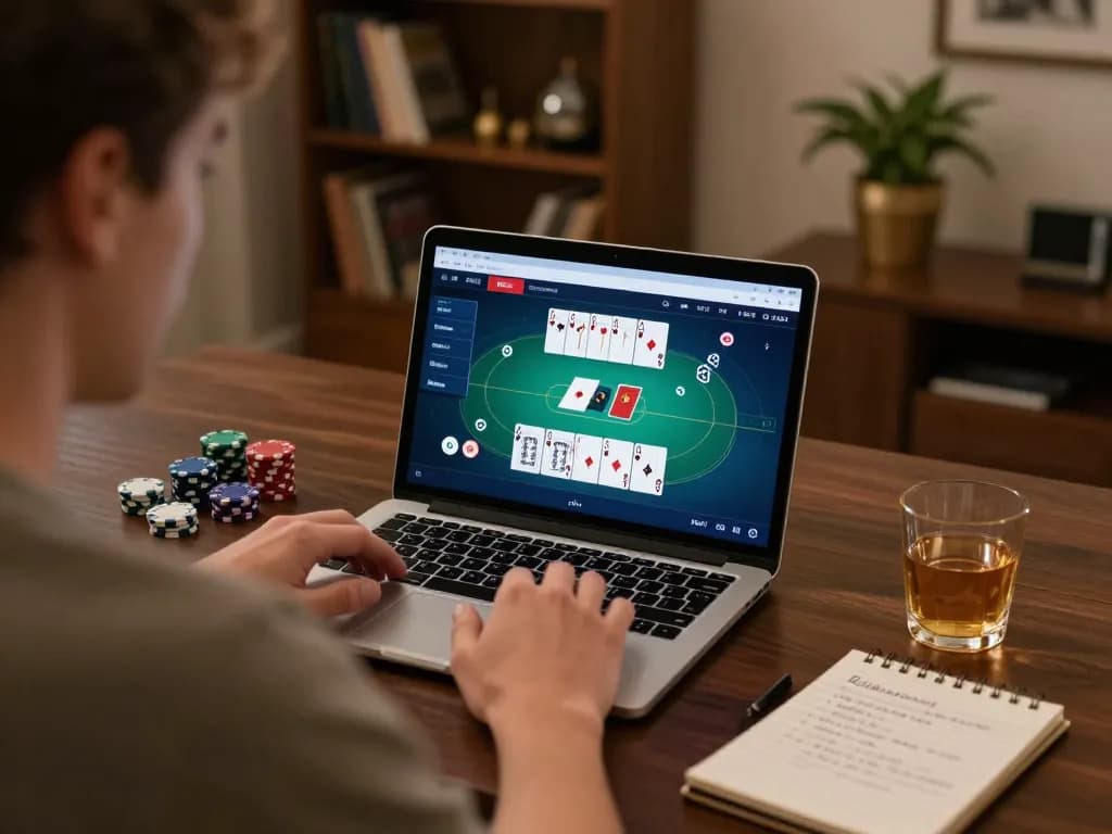 uu88 player strategizing online poker at home with laptop and notes