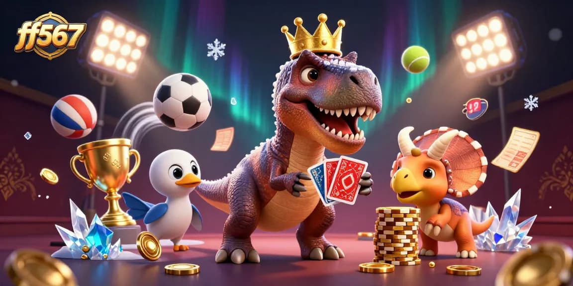 ff567 oferece uma experiência única de cassino, com dinossauros jogando cartas e apostando em fichas de ouro.