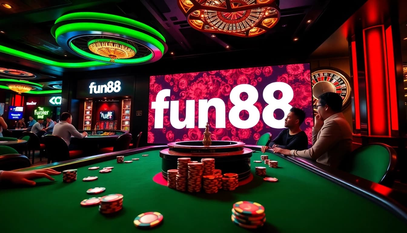 Players enjoying high-stakes gaming at fun88's luxurious casino table with vibrant poker action.