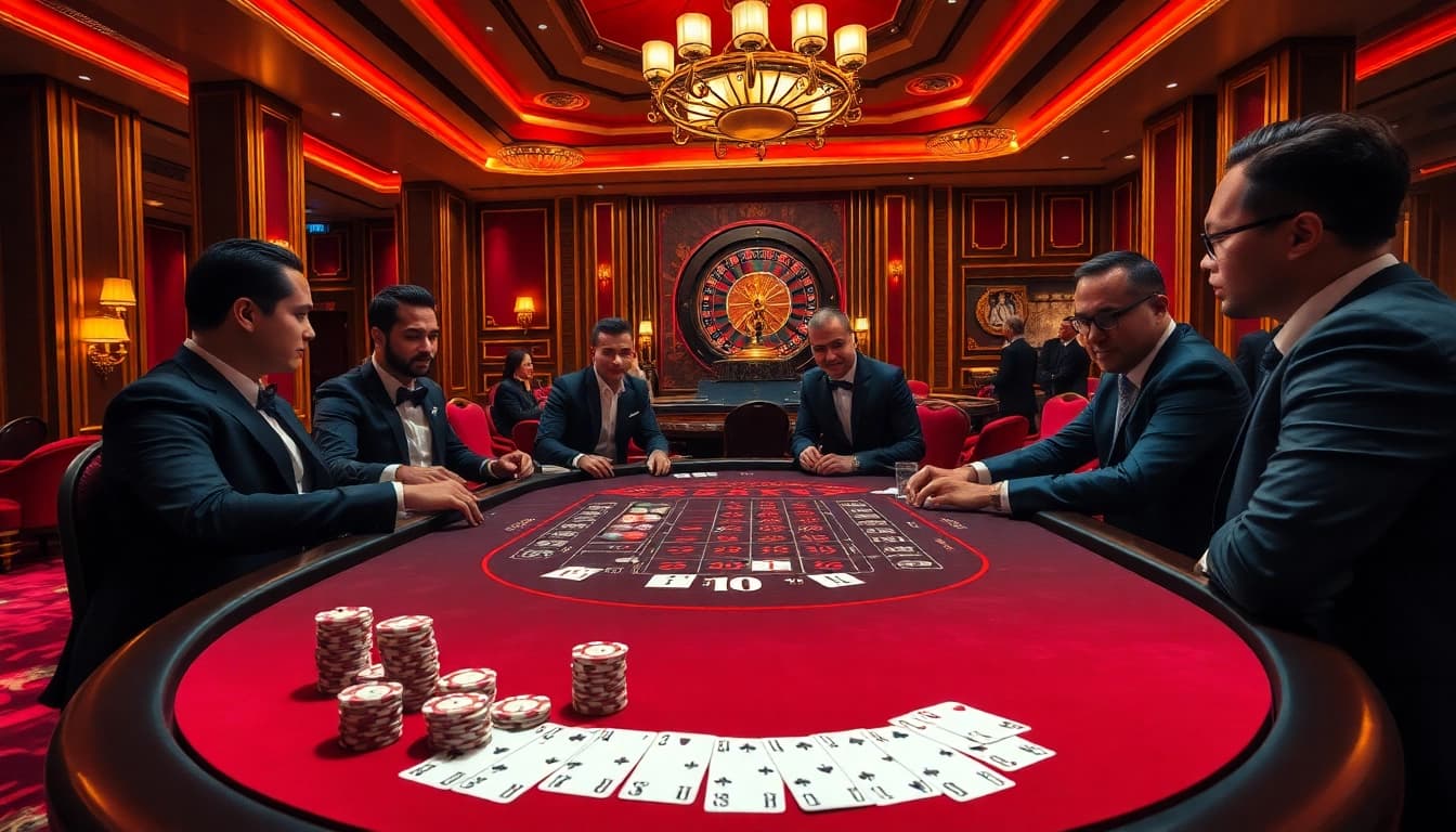 Excited players betting at a luxurious poker table highlighting 188bet casino experience.