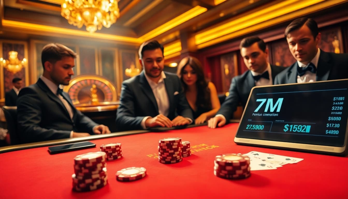 Gamblers strategizing at a poker table in an upscale casino, with 7M chips highlighting the excitement.