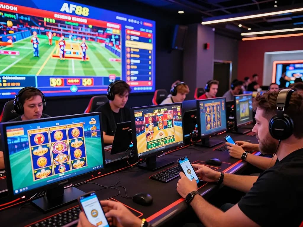Exciting AF88 bet gaming scene with diverse players engaging in live casino games and sports betting.