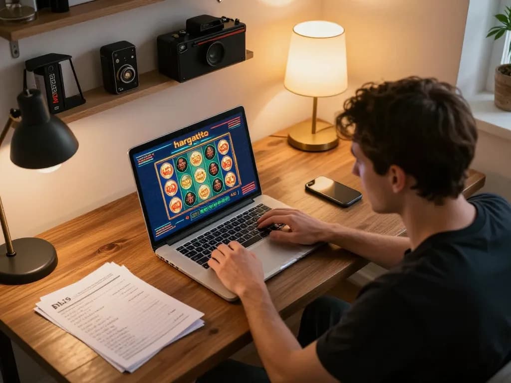 Pengguna terlibat memainkan permainan slot hargatoto di laptop di rumah, dikelilingi oleh catatan taruhan.