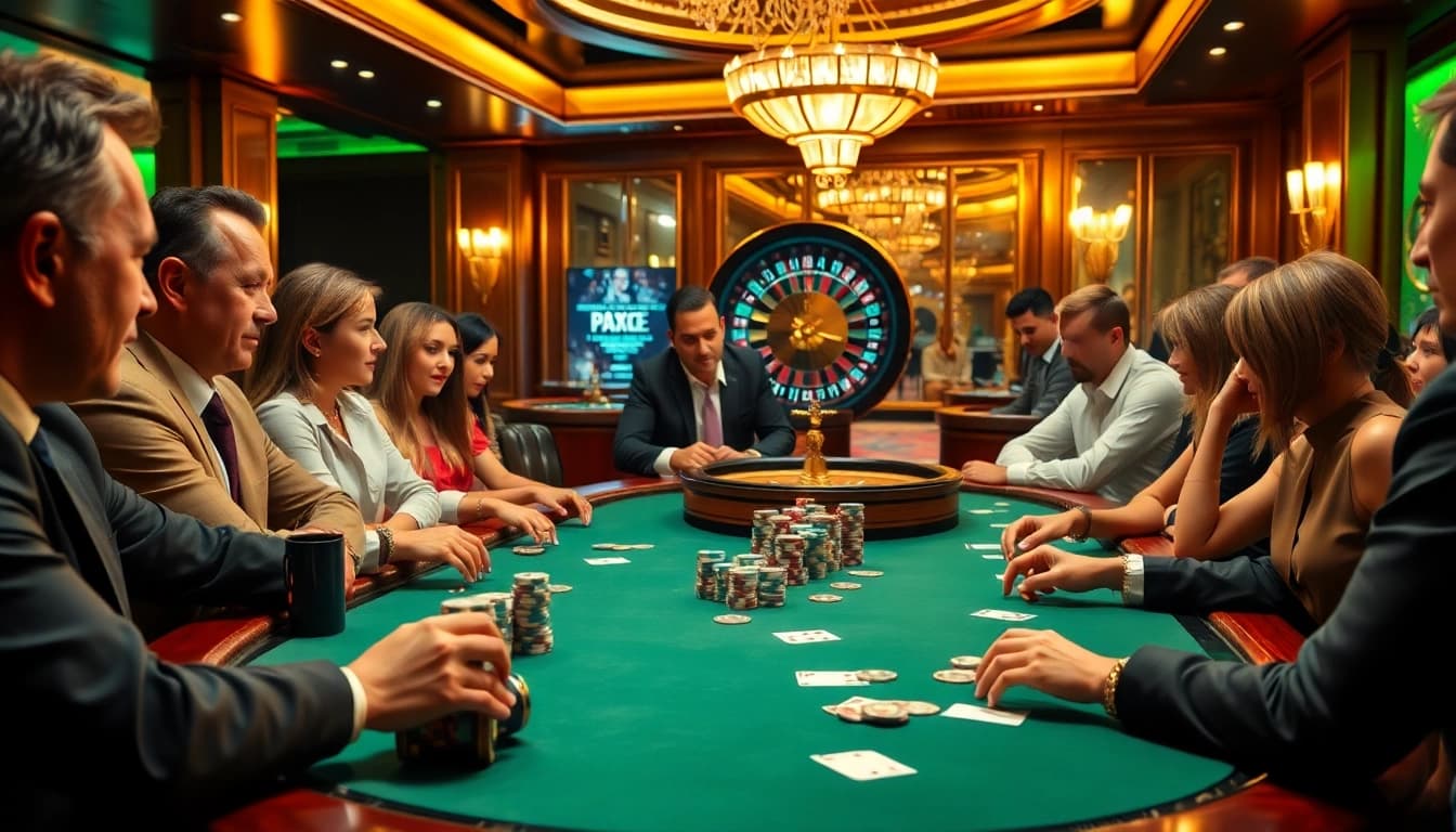 Players engage in an exciting game of poker at a luxurious casino table featuring daga chips.