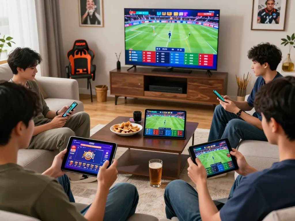 Exciting online gambling with players enjoying games on UU88 platform in a vibrant, cozy living room.