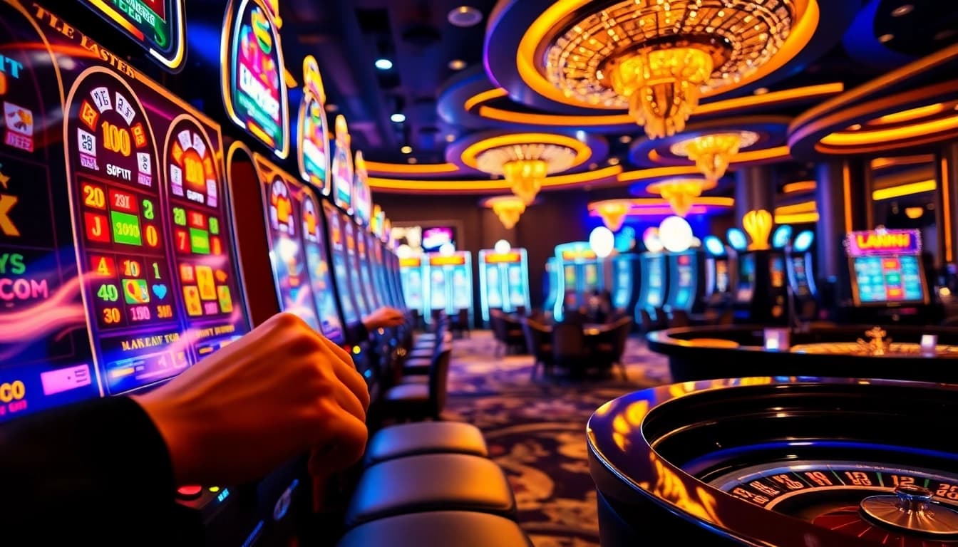 Suasana mendebarkan pemain yang menang di aman788 slot gacor, dengan mesin slot berwarna-warni dan lampu kasino yang cerah.