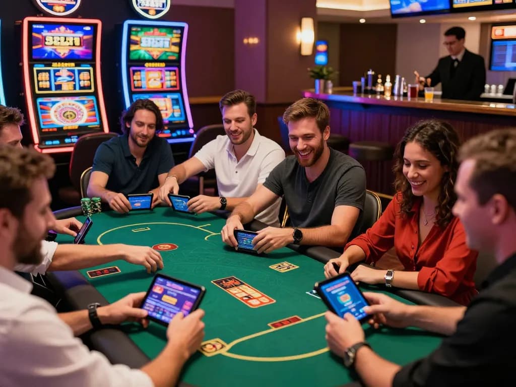 Players enjoying various games at 32win online casino, celebrating wins with vibrant atmosphere.