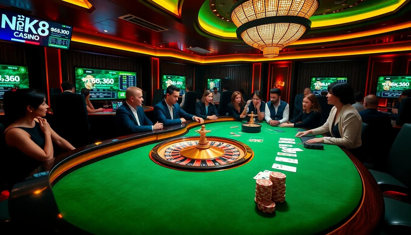 Players engaging in thrilling online gambling atmosphere at NK88 casino, showcasing poker chips and roulette wheels.