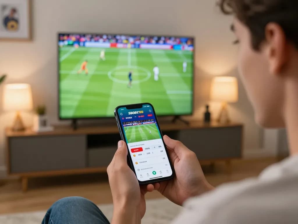 SBOBET88 user engaging in mobile sports betting during a live soccer match.
