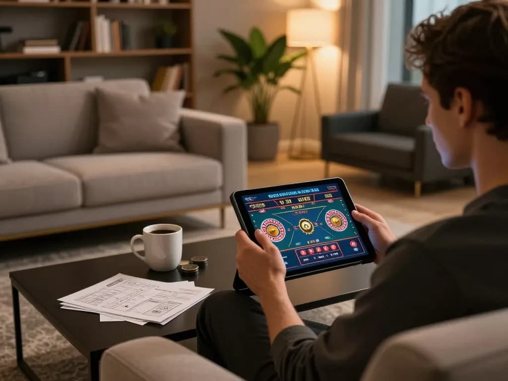 Person engaging in online gaming at https://shbetac.co on a tablet in a cozy living room.