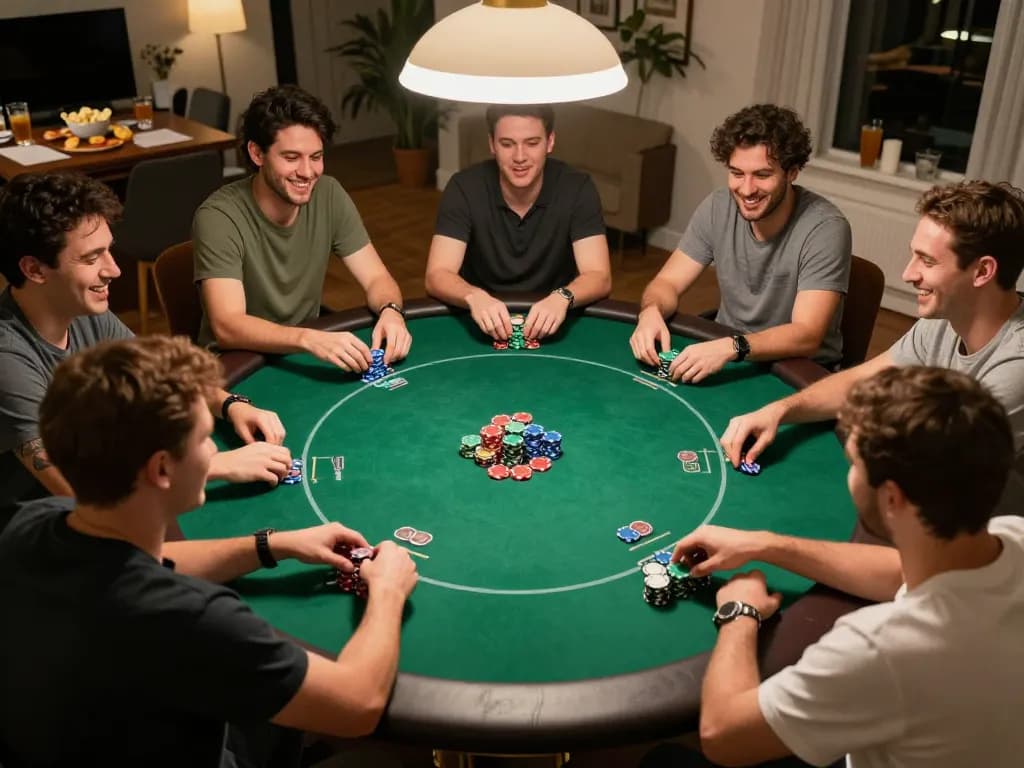 Players engaging in a lively poker game at home, showcasing Win678's friendly competition atmosphere.