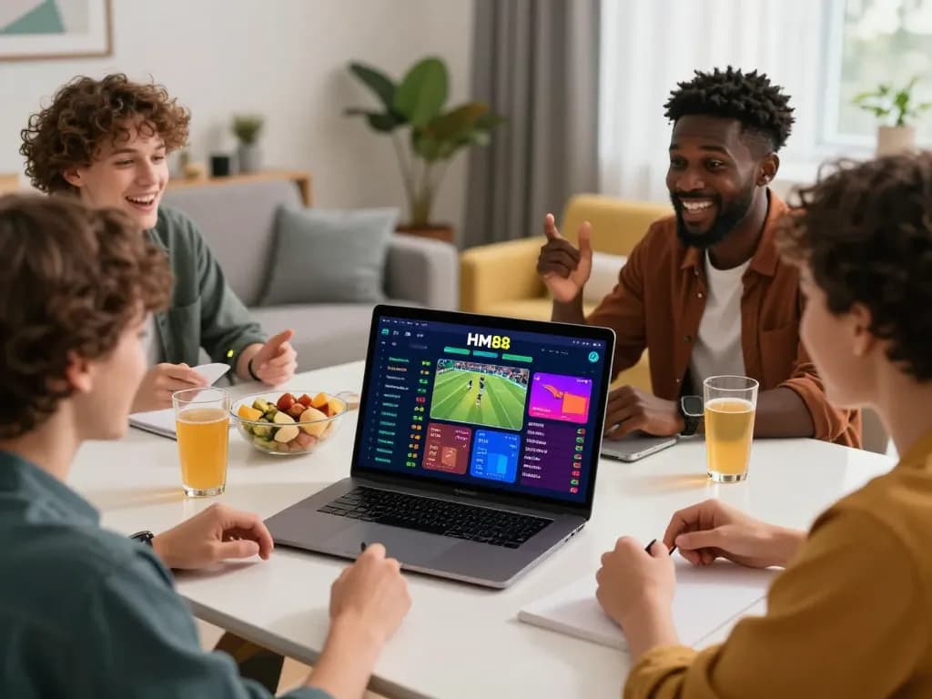 Exciting hm88 bet gathering with friends analyzing betting odds on a laptop in a modern living room.