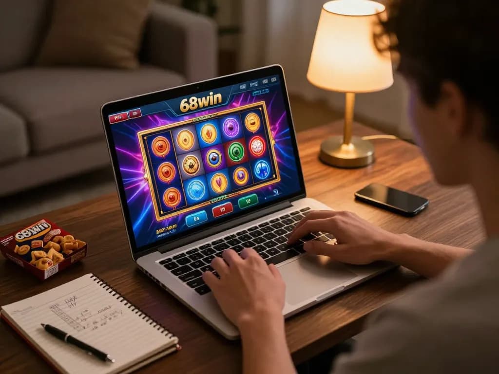 Engaged player enjoying casino gameplay on 68win platform, cozy home setting highlighting online gambling excitement.