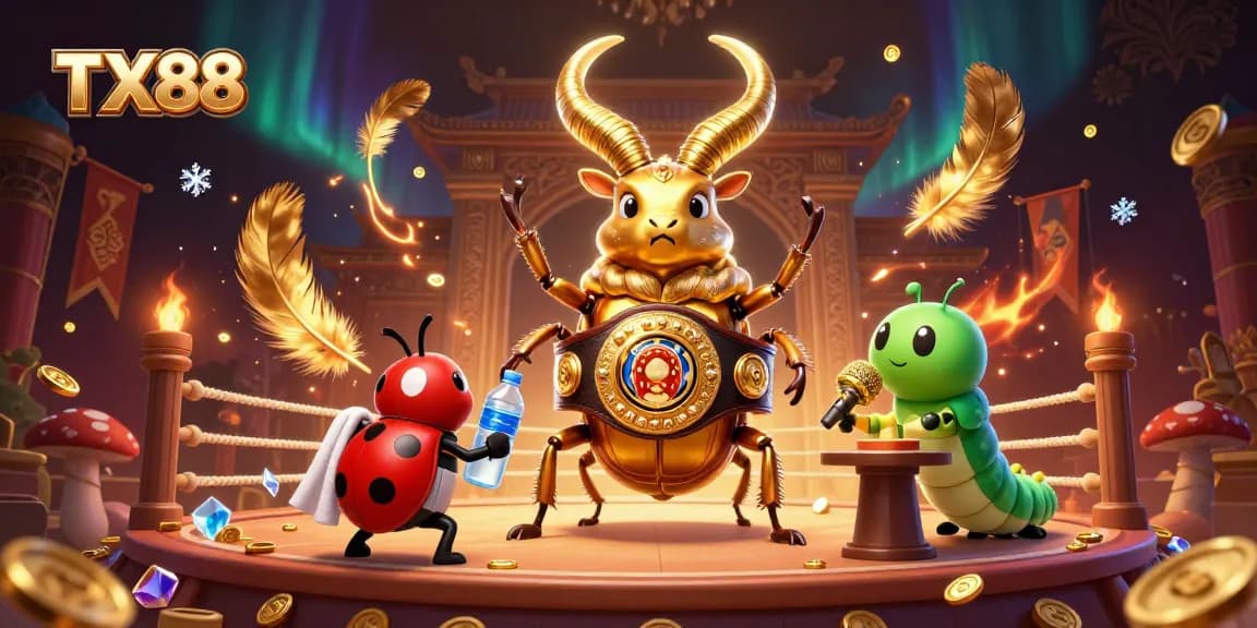 TX88 showcases a vibrant 3D cartoon scene of a beetle boxing champion, engaging in a casino arena.