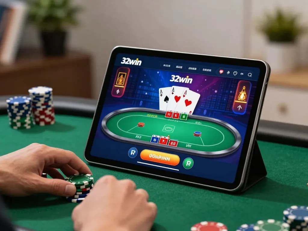 Engaging gameplay on the 32win platform with an enthusiastic player strategizing in a comfortable home setting.