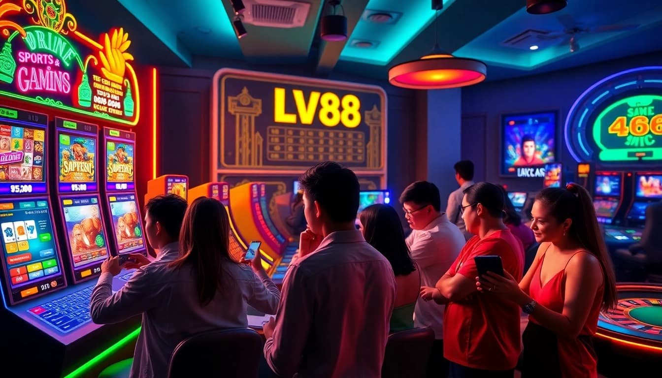 Experience the thrill of online gaming at LV88 with vibrant casino visuals and excited players.