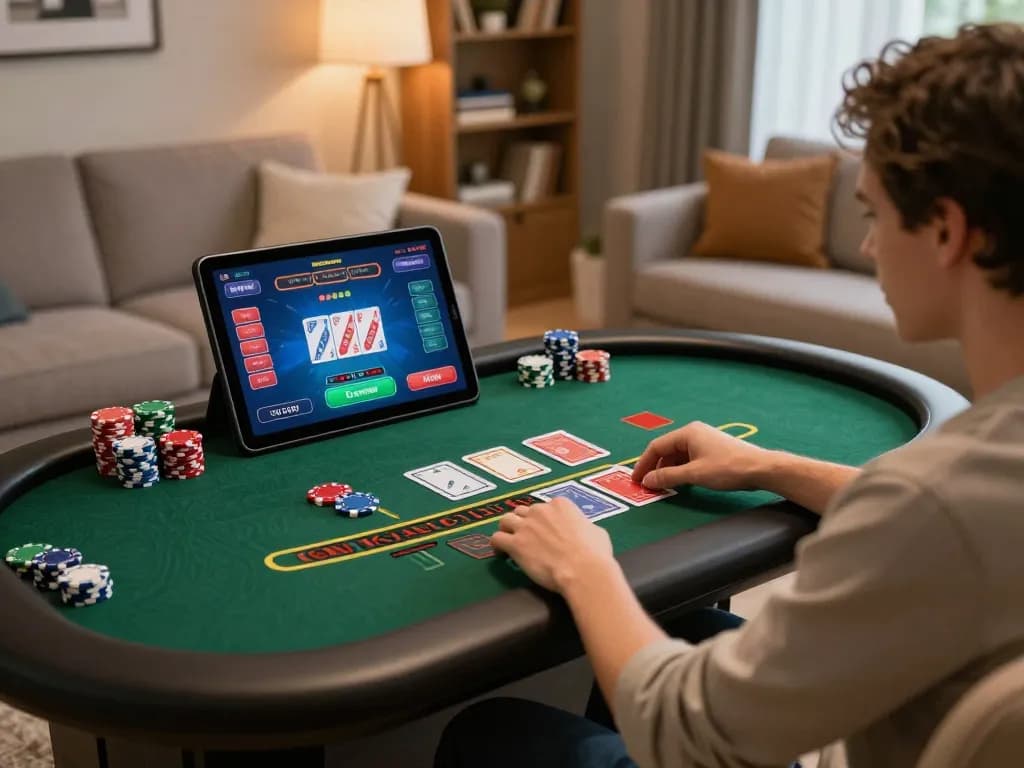 GO8 online gaming experience with live dealer blackjack, showcasing strategic play in a cozy home setting