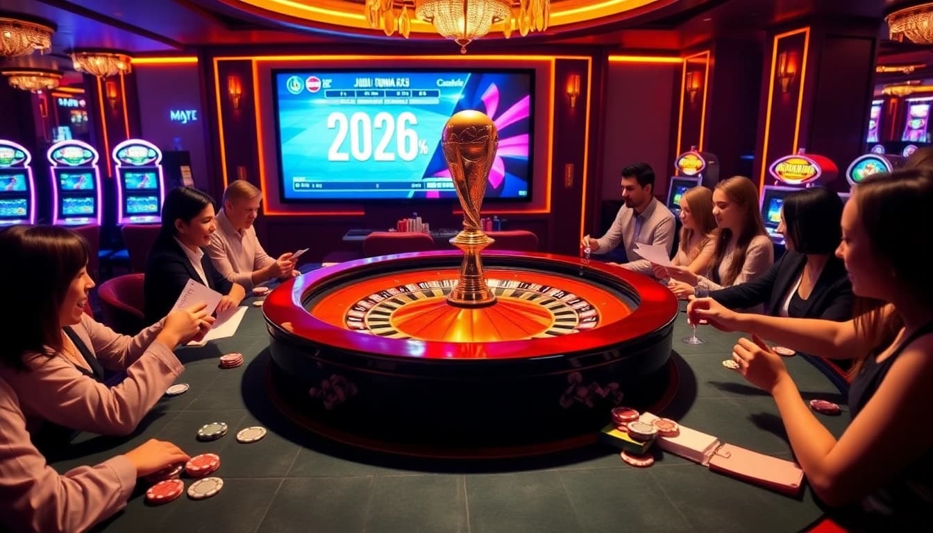 Experience thrilling Judi Piala Dunia betting as players place bets at a vibrant casino environment.