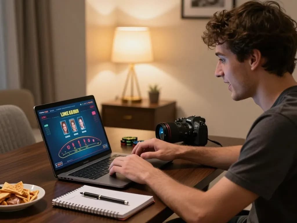 Player enjoying blackjack at cm88 on laptop surrounded by snacks and strategy notes in cozy environment