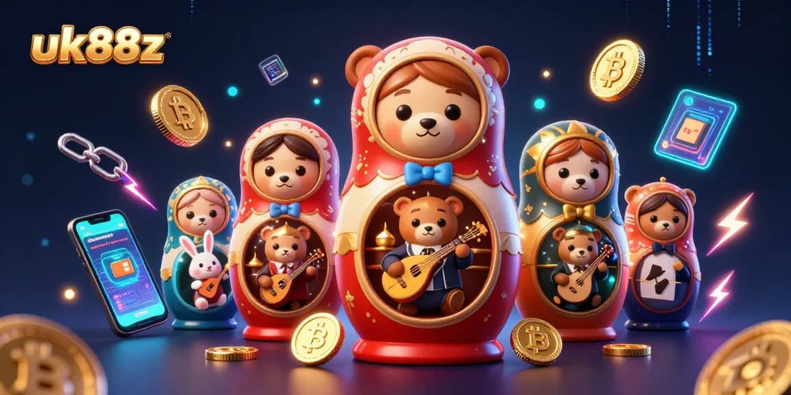 Experience the vibrant excitement of uk88z with a festive 3D casino scene filled with characters and glowing crypto elements.