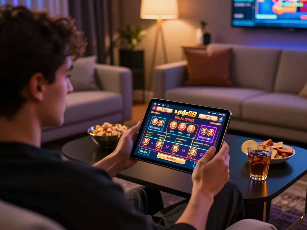 Player enjoying strategic gameplay on lode88 online casino tablet in a cozy setting