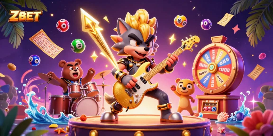 ZBET features a vibrant illustration of a cartoon rock star wolf playing guitar among colorful lottery elements in a dynamic casino setting.