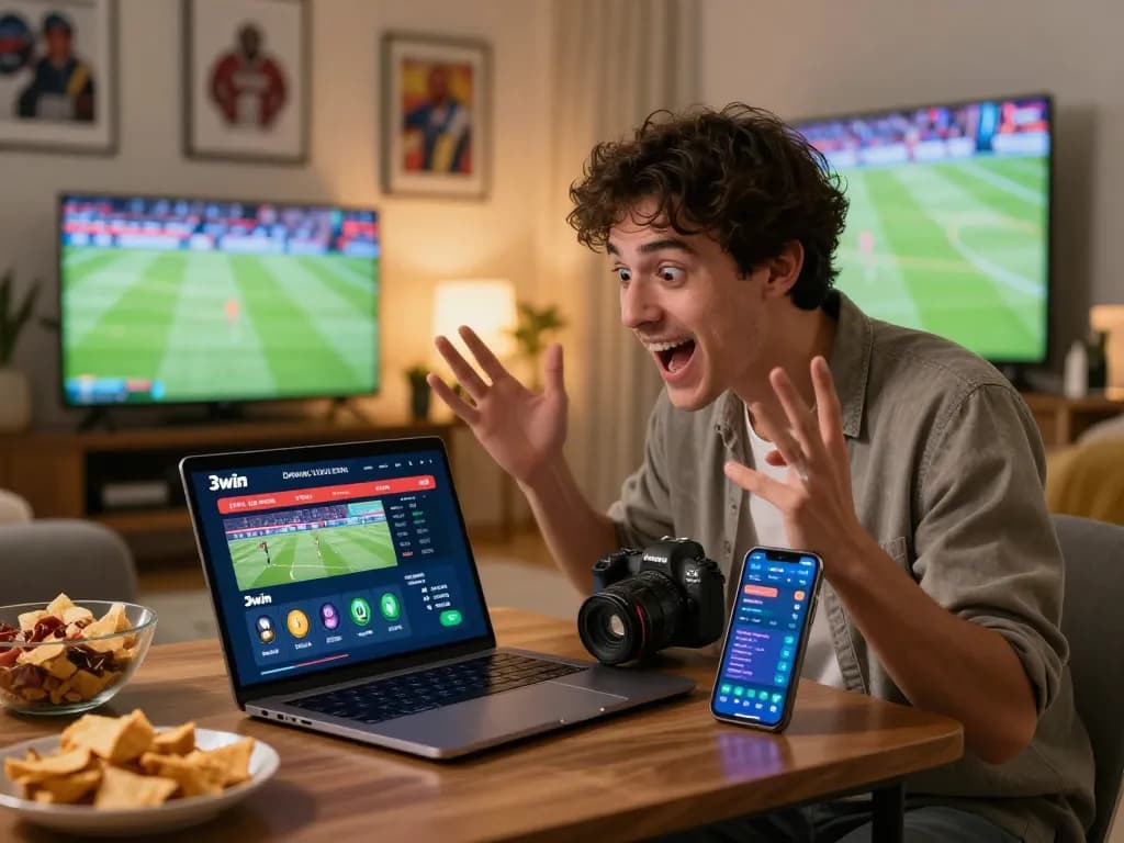 Excited user betting on 3win platform from home with live sports updates visible.