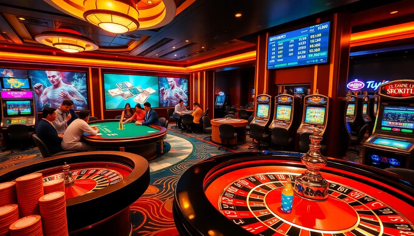 Players enjoying a thrilling gambling experience at Typhu88 casino, featuring poker, roulette, and slot machines.
