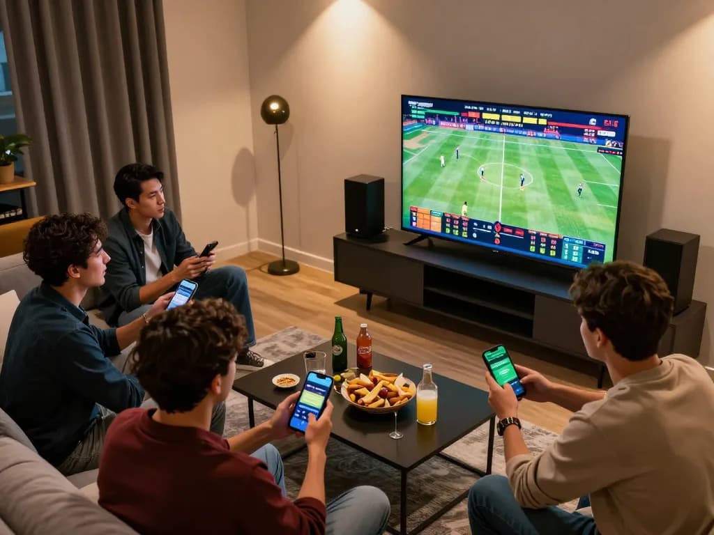 Sekumpulan rakan sedang terlibat dalam pertaruhan sukan 100 cuci sambil menonton permainan secara langsung di TV, menunjukkan kegembiraan dan strategi.