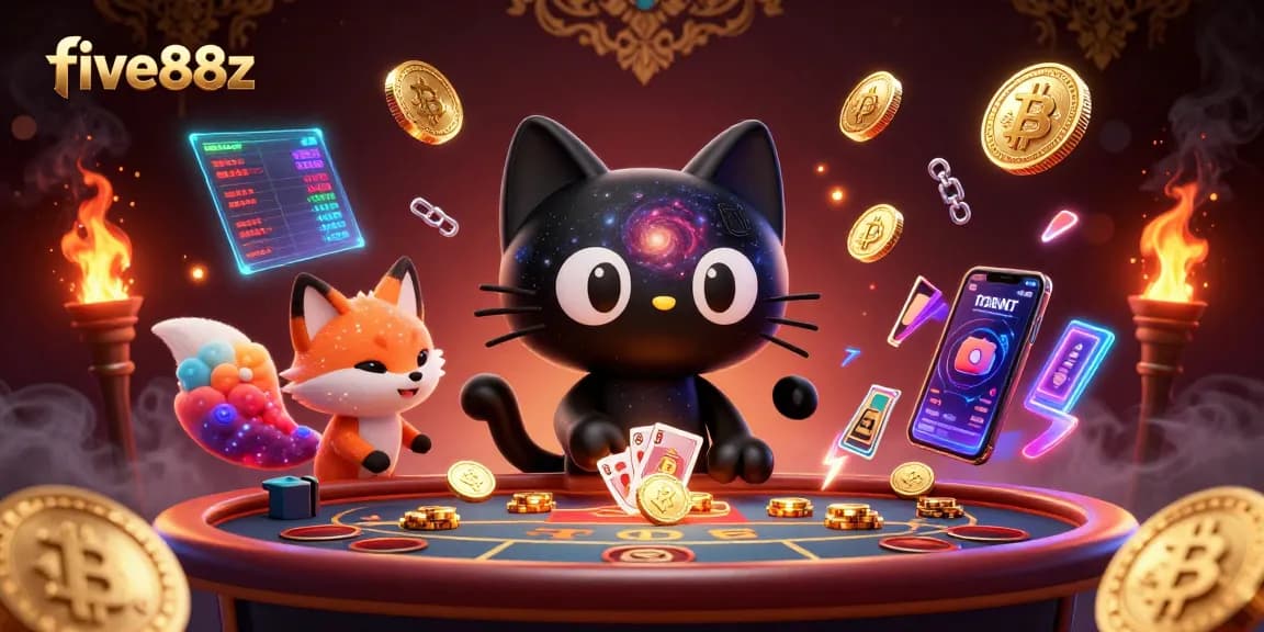 Engage with five88z casino featuring a cosmic theme of a black hole cat and nebula fox.
