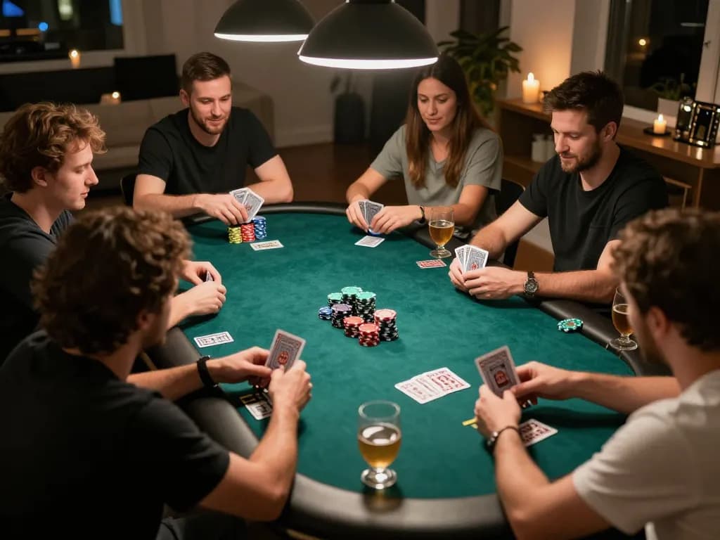 IWIN68 poker night at home with friends, colorful chips and cards in action.