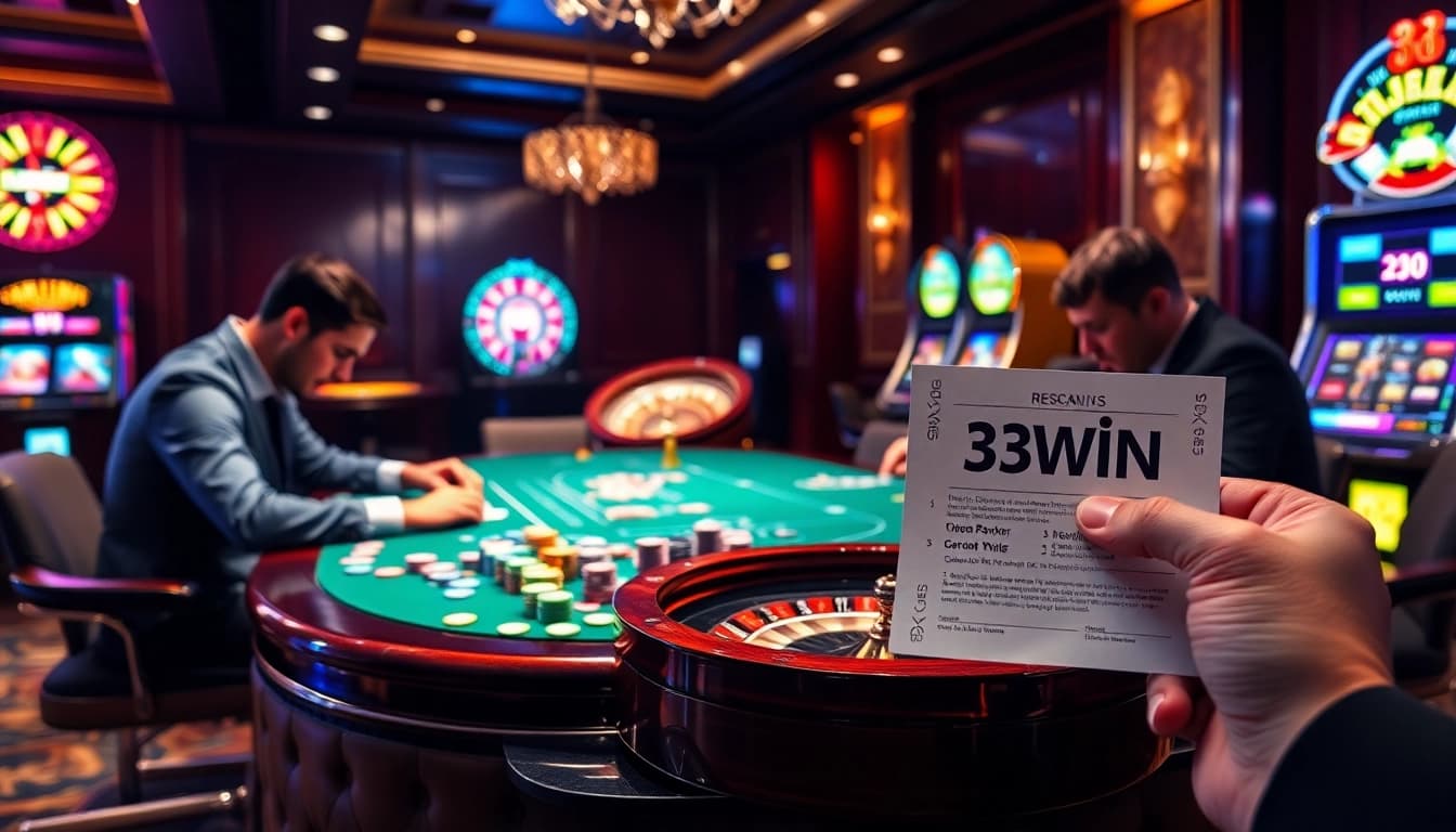 Experience the thrill of 33WIN as players strategize at a luxurious poker table.