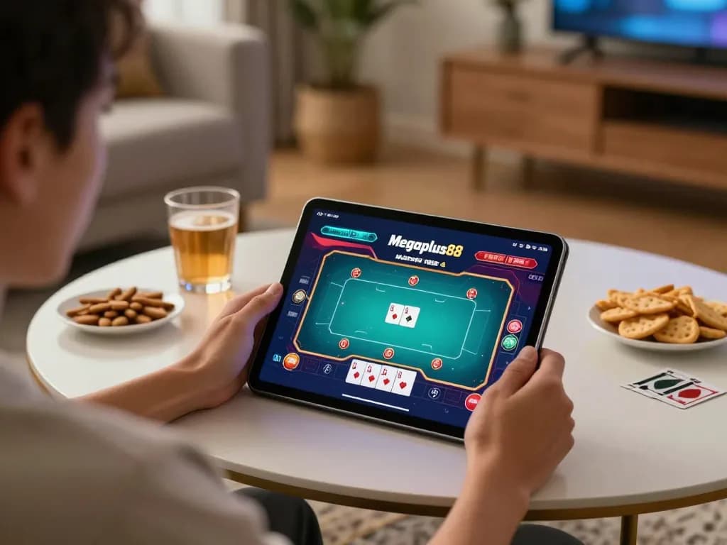 Experience Megaplus88 by playing dynamic poker games on a tablet in a cozy home setting