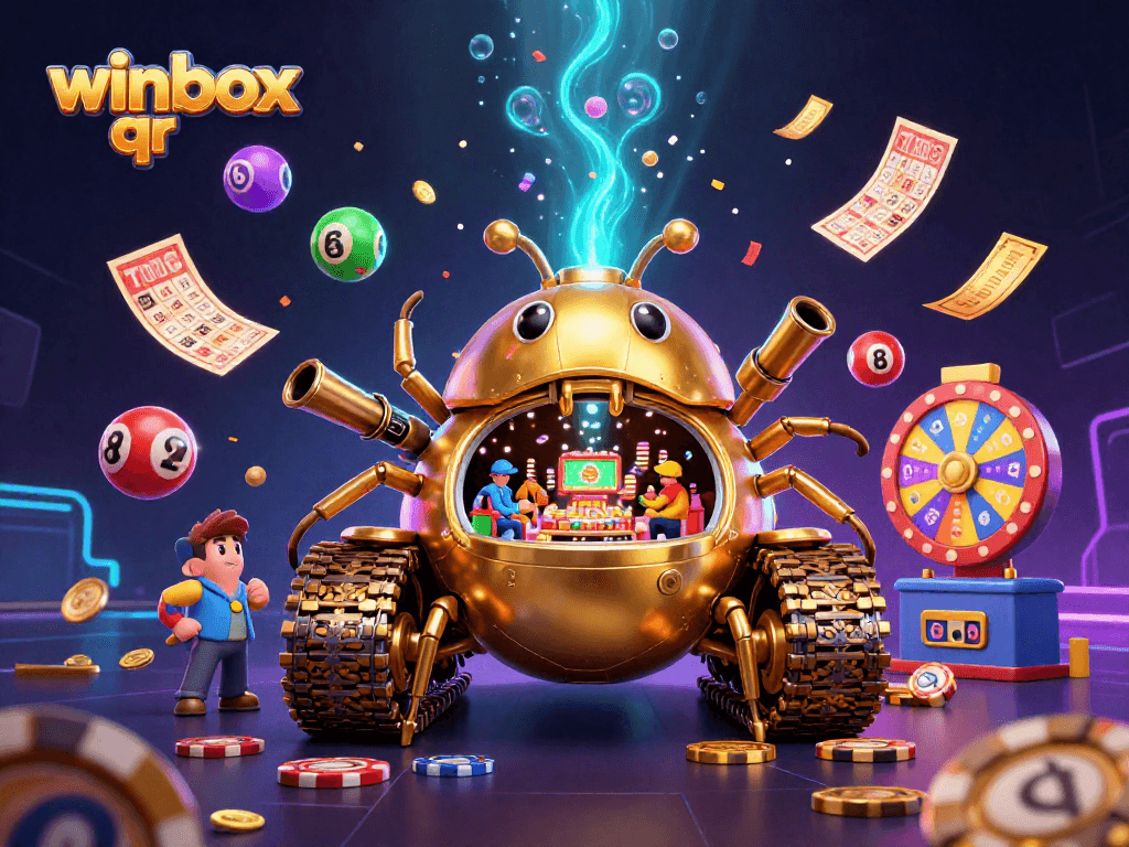 Winbox QR reveals a vibrant casino experience with lottery balls bouncing amidst a spectacular golden beetle tank.