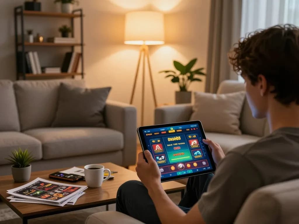 Person enjoying dash88 online casino on a tablet in a cozy living room setting.