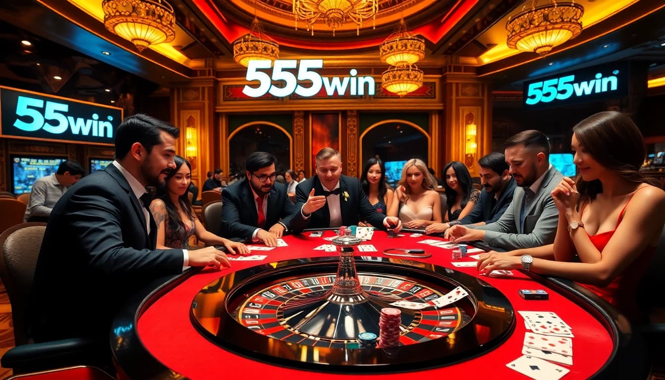 Experience the excitement of high-stakes gaming at 555win casino with vibrant poker chips and cards.